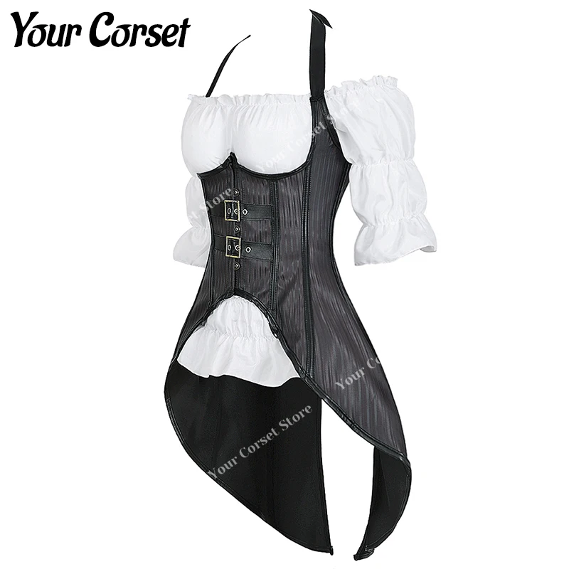 Steampunk Corset Blouse Women Two Piece White Corset with Straps Tops Black Gothic Corset Dress Plus Size Costume Halloween