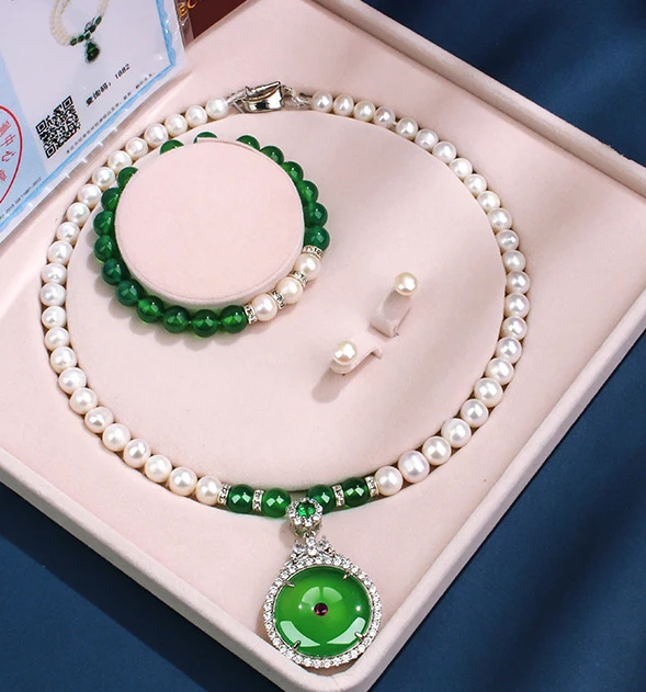 HABITOO White Cultured Freshwater Pearl Necklace Green Jade Pendant Bracelet Earrings Jewelry Set for Women Charming Gifts