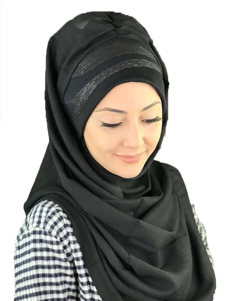 Hijab musulmán para mujer, turbante islámico, bufanda para envolver la cabeza, gorro, chal brillante Negro, 2021