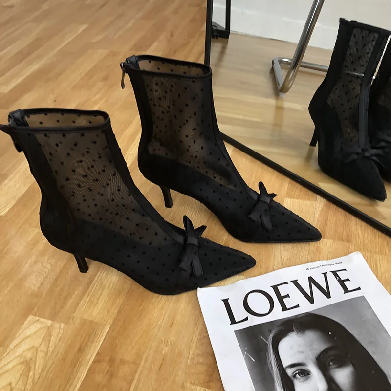 Fashion Women Ankle Boots Pointed Toe Short Botas Pointed Toe Bow Design Thin Low Heels Back Zipper Fashion Boots Air Mesh Boots