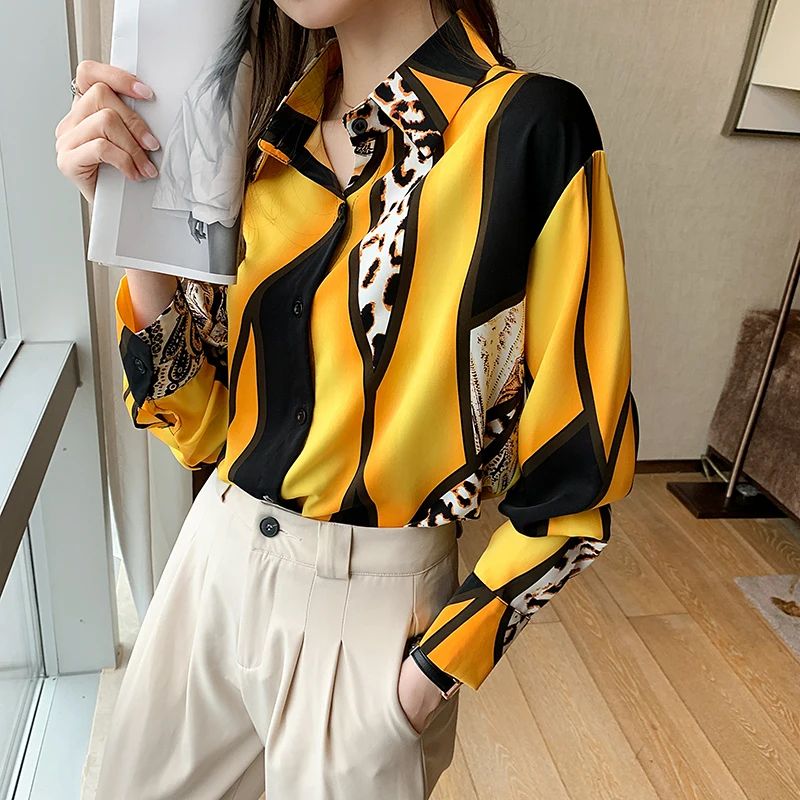 

Fashion Women's Contrast Leopard Print Shirts 2021 New Spring Summer Long Sleeve Chiffon Blouse Female Elegant Polo Collar Tops