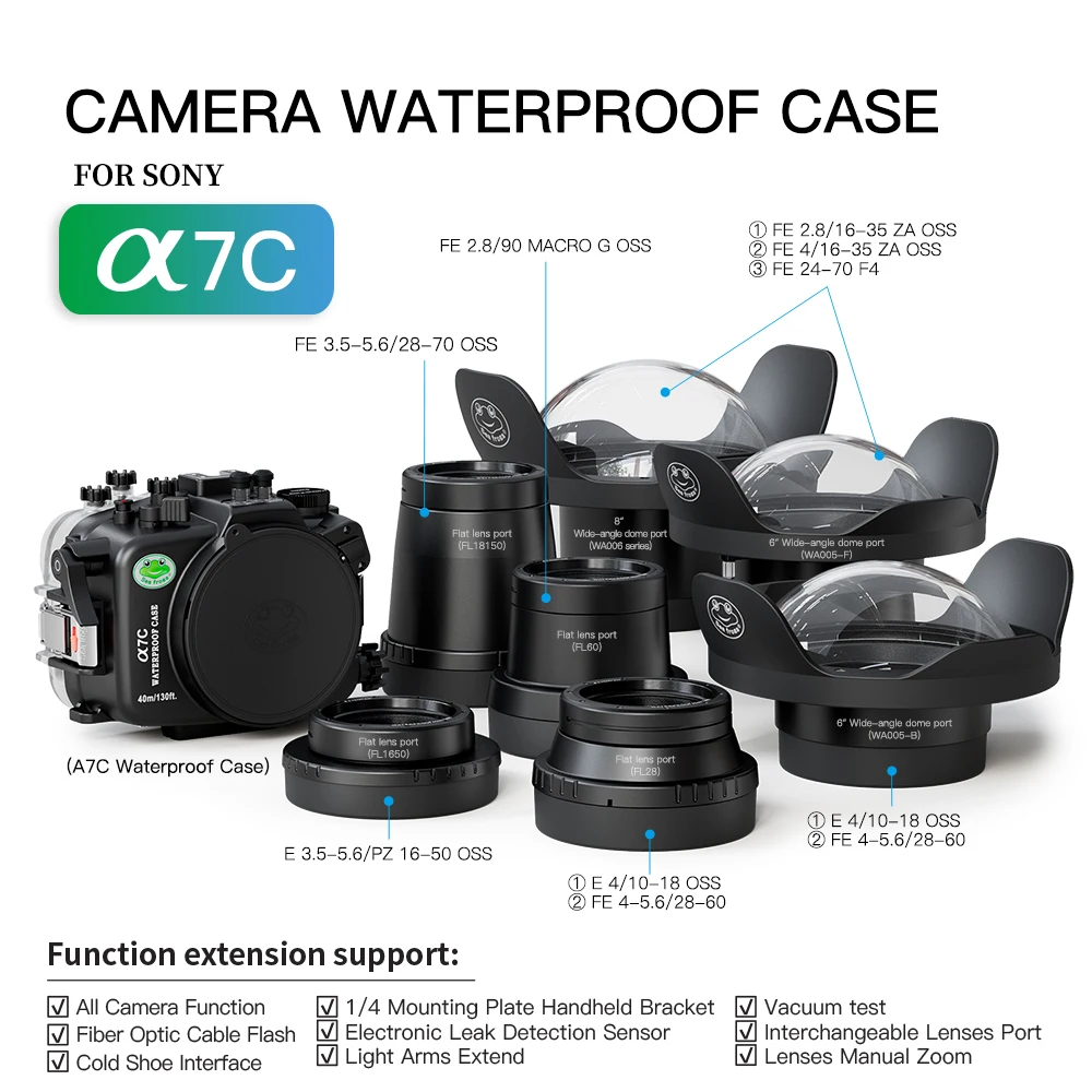 Seafrogs Newest Waterproof Camera Housing for Sony A7C Flat Lens Underwater 40m/130ft Diving Case for Photography Lighting