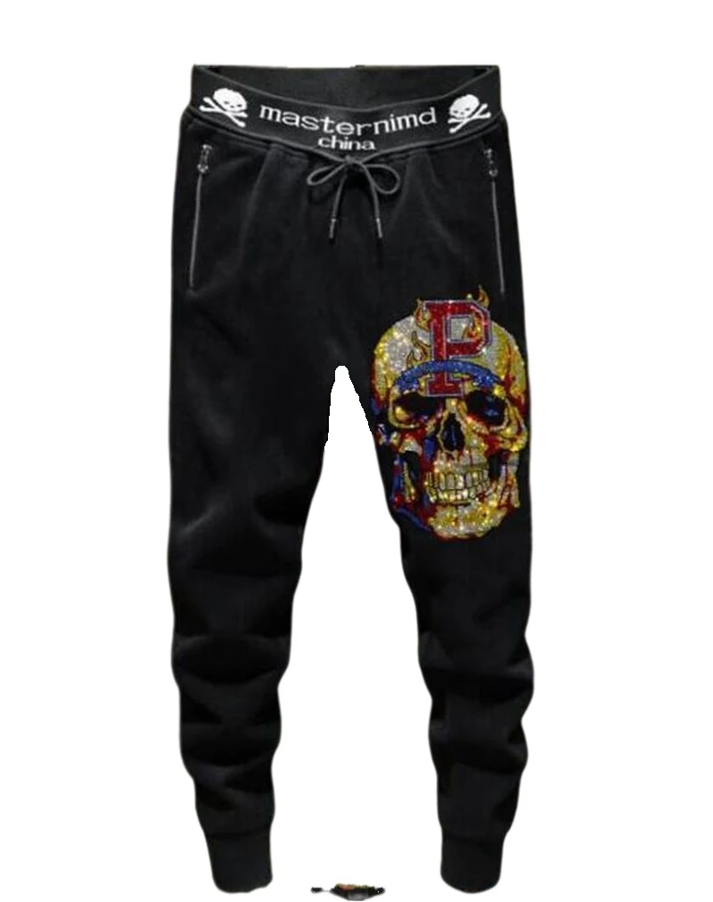 Rhinestones Skull anime pants europe design  Men Fashion Streetwear  pant Slim hot sale trousers