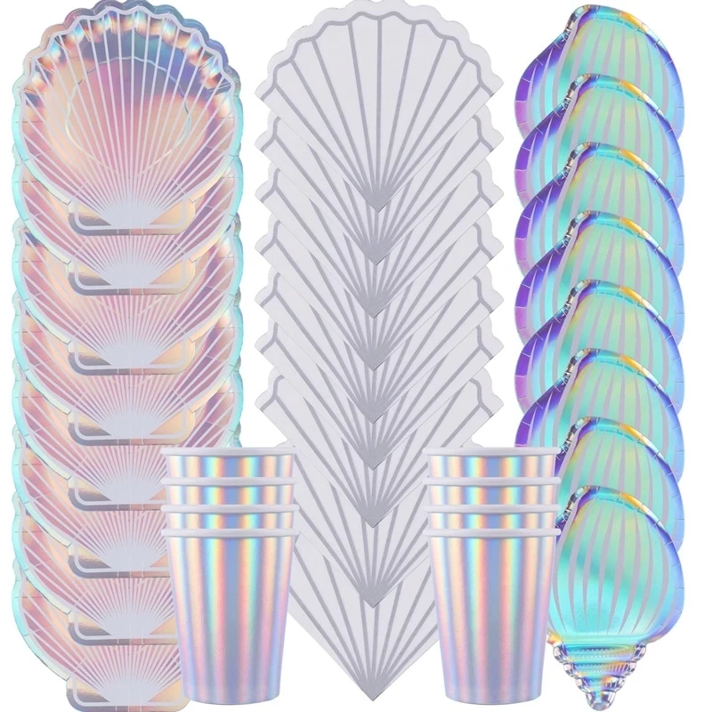 Mermaid Party Colorful Shell Disposable Tableware Summer Beach Party Little Mermaid Girls 1st Birthday Party Decor Baby Shower