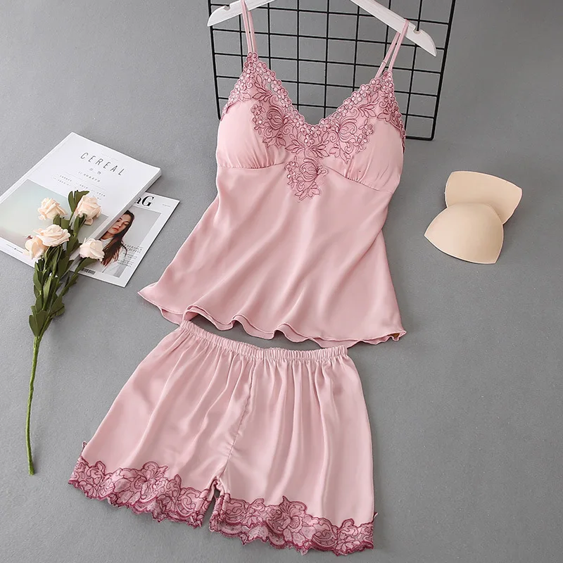 Ice Silk Touch Soft Women Pajamas Embroidery Sexy V Lead Spaghetti Strap Shorts Set Sleepwear