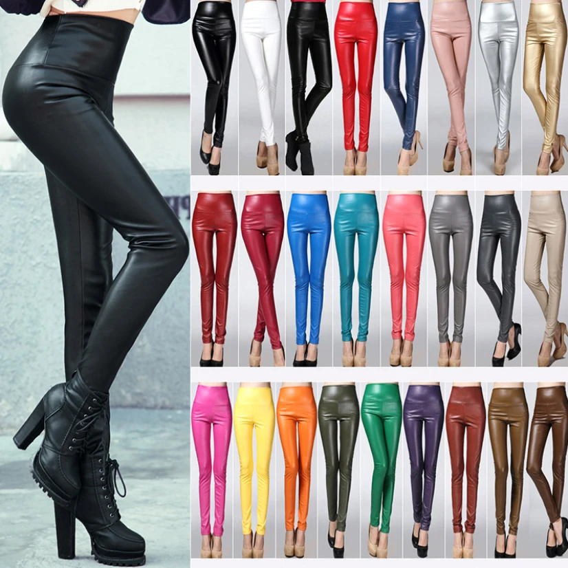 Women Sexy Faux Leather Leggings High Waist PU Fleece Female Plus Size Trousers Winter Pants Ladies Leggins Multicolor Fashion