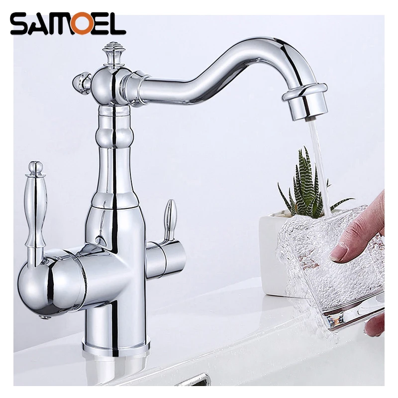 European Style Brass Classic Dual Handle 3-way Purified Kitchen Faucet Chrome Silver Sink Drinking Water Mixer Tap 1246C