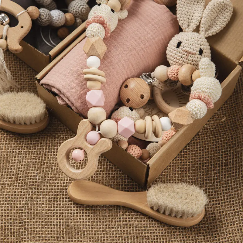 Bopoobo Baby Toys Set Wooden Cartoon Animal Newborn Gift Box Bath Towel Pacifier Chain Brush Milestone Personalise Photograph