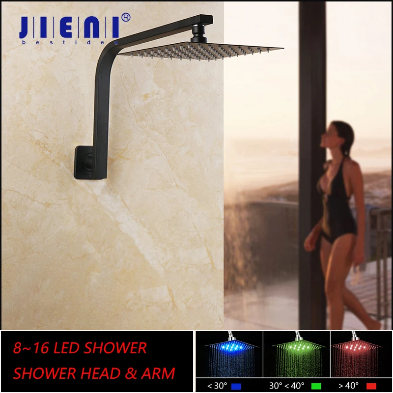 JIENI Matte Black 8~16 Shower Head Bathroom Rainfall Tub Painting Shower Spray Bathtub Rain Square LED Shower Head & Shower Arm