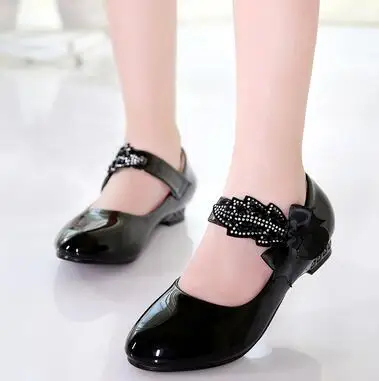 Princess Bow Rhinestone Children Shoes White Black Leather Shoes For Girls Zapatos Ninas Party Wedding Girls Heel Shoes