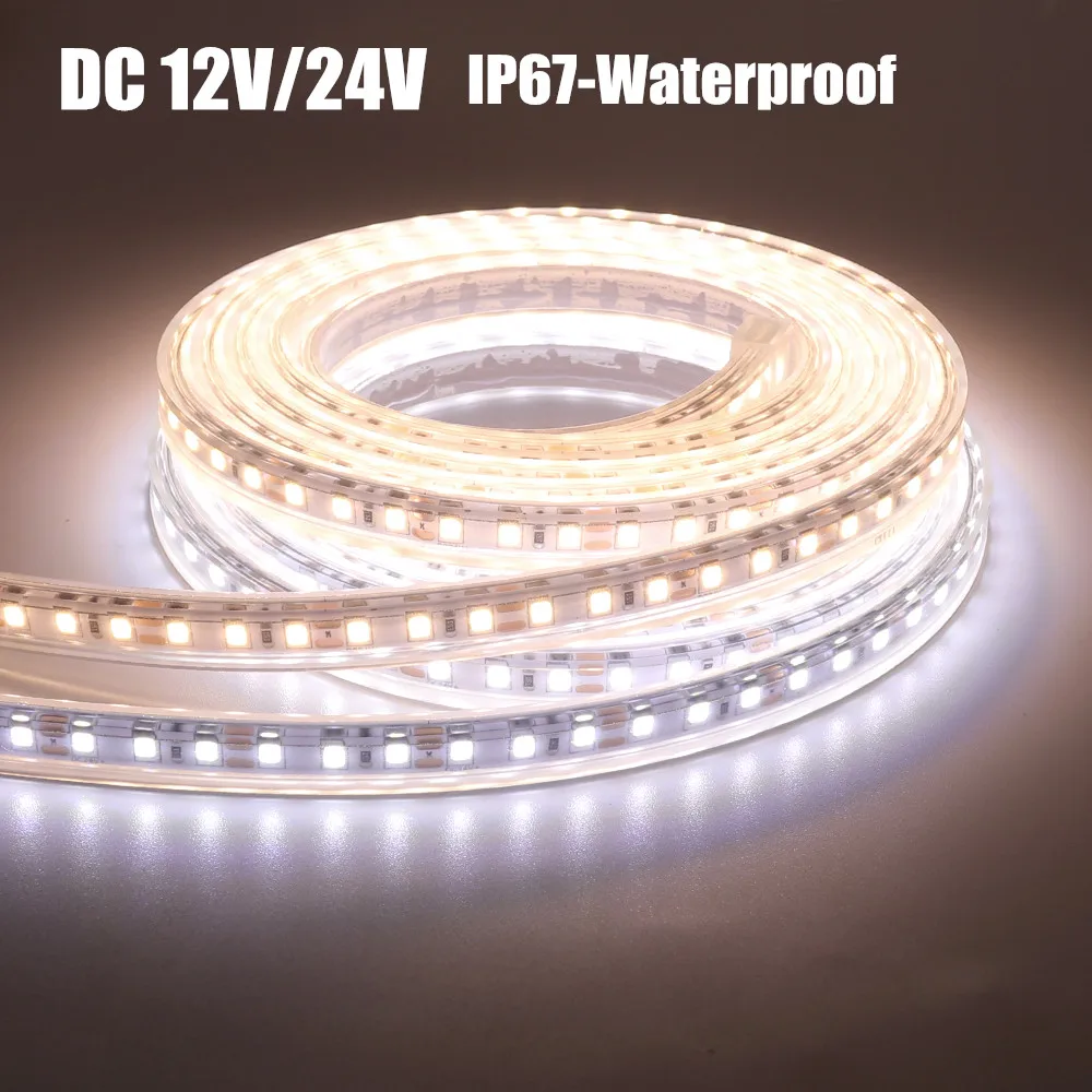 2835 LED Light DC 12V/24V LED Strip Waterproof IP67 120LEDs/m Natural White 4000K /Warm White Flexible Tape  Lamp 5m 10m