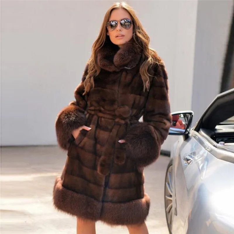 Luxury Genuine Mink Fur Coat With Fox Fur Bottom And Cuff Fashion Winter Women Real Mink Fur Jacket With Fur Belt Outwear