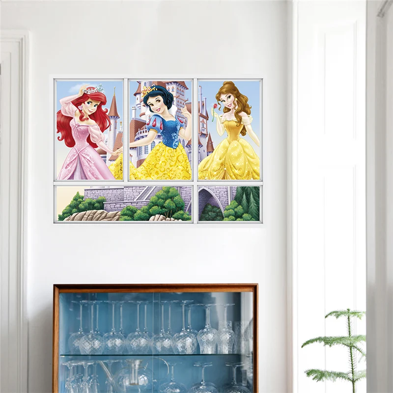 Ariel Belle Snow White Princess 3d Window Wall Stickers For Home Decoration Diy Kids Room Mural Art Girl's Decals Anime Posters