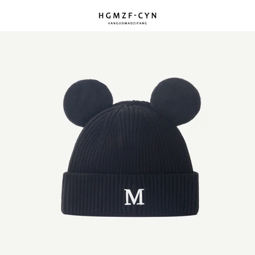 Mickey Autumn and Winter Warm Woolen Hat Cute Mickey Ear Knit Hat M Letter Embroidered Cap Beanie  Winter Hats for Women