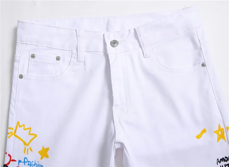 Pantalones vaqueros blancos con estampado de letras para hombre diseño de dibujos pantalones de Hip hop pantalones vaqueros elásticos informales para hombre #5658