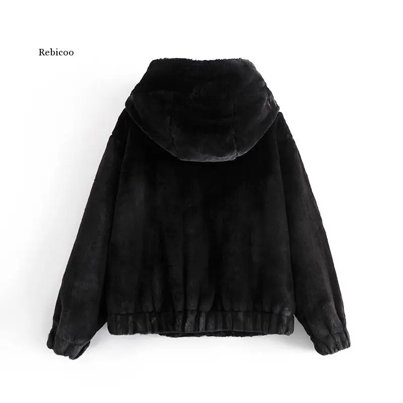 Causal Women Black Faux Fur Coats Fashion Ladies Zipper Jackets Streetwear Female Thick Hooded OuterCoat Chic Girl Coat