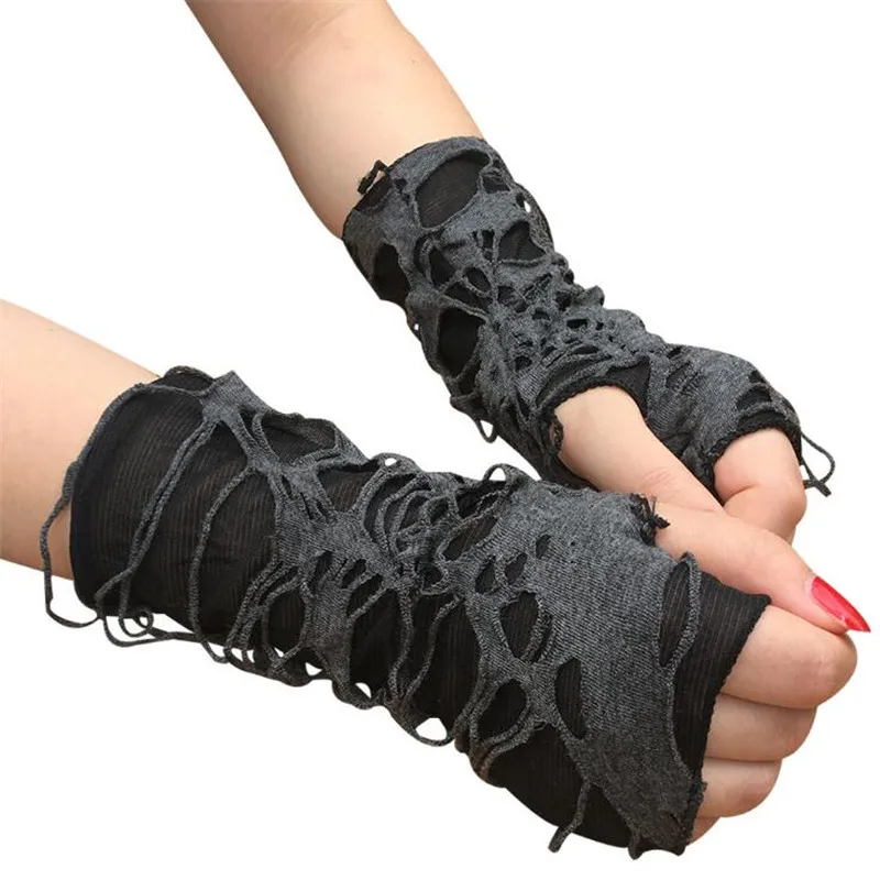 Halloween Hóa Ngón Người Ăn Xin Găng Tay Đen Rách Punk Đậm Trang Trí Phụ Kiện Fingerless Gloves