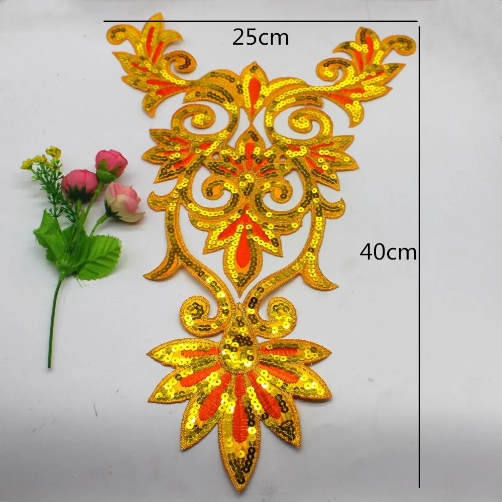 Iron On Patches Sequined Embroidered Lace Appliques King Of Flower Trims 25*40cm