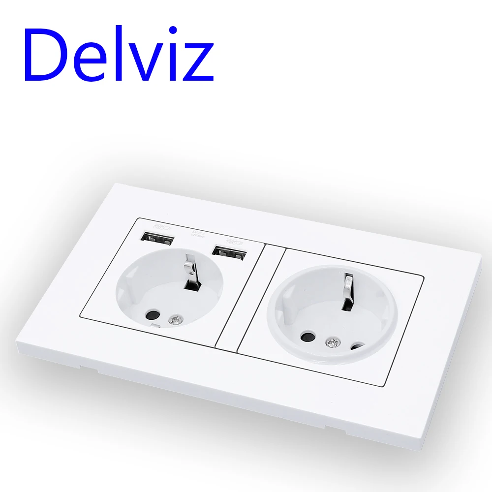 Delviz Wall USB Power Outlet, Black Panel Charging Interface, AC 110~250V 146mm * 86mm, 16A Double Frame EU Standard USB Socket