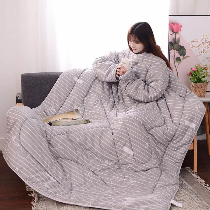 Multifunction Lazy Quilt with Sleeves Winter Warm Thickened Washed Quilt Blanket SNO88