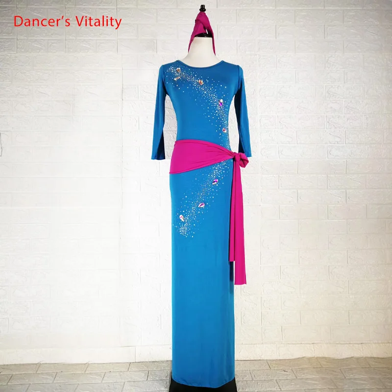 

Winter Belly Dance Group Practice Clothes Sparkling Diamond Robe Belt Headband Set Drum Oriental Indian Dancing Training Outfits