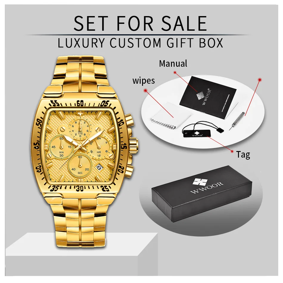 WWOOR 2024 New Sports Military Watches Men Luxury Gold Square Quartz Waterproof Wristwatch Fashion Chronograph Relogio Masculino