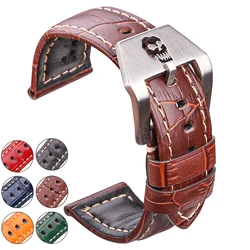 Genuine Leather Watch Strap 22mm 24mm Skull Hollow Buckle Black Brown Orange Watchband Bracelet