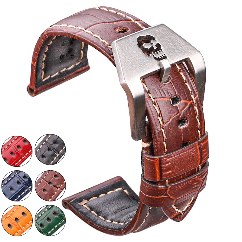 Genuine Leather Watchbands 22mm 24mm Thick Watch Band Strap Black Brown Orange Clock Belt Bracelet Skull Hollow Buckle For