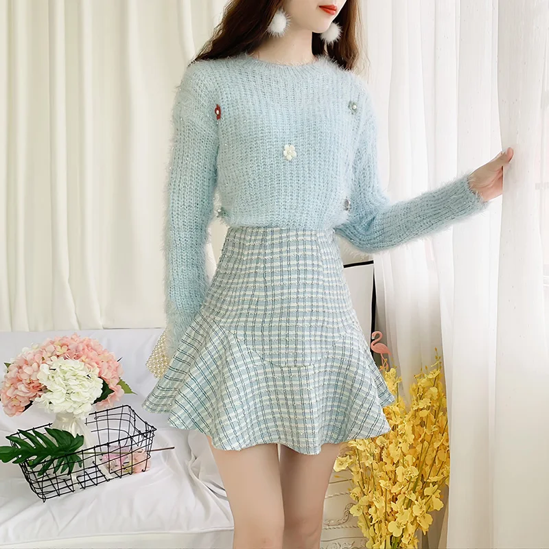 BLLOCUE 2019 New Autumn Fashion Suit Women Flower Knitted Pullover Sweater Tops And Tweed Mermaid Mini Skirt Two Piece Sets