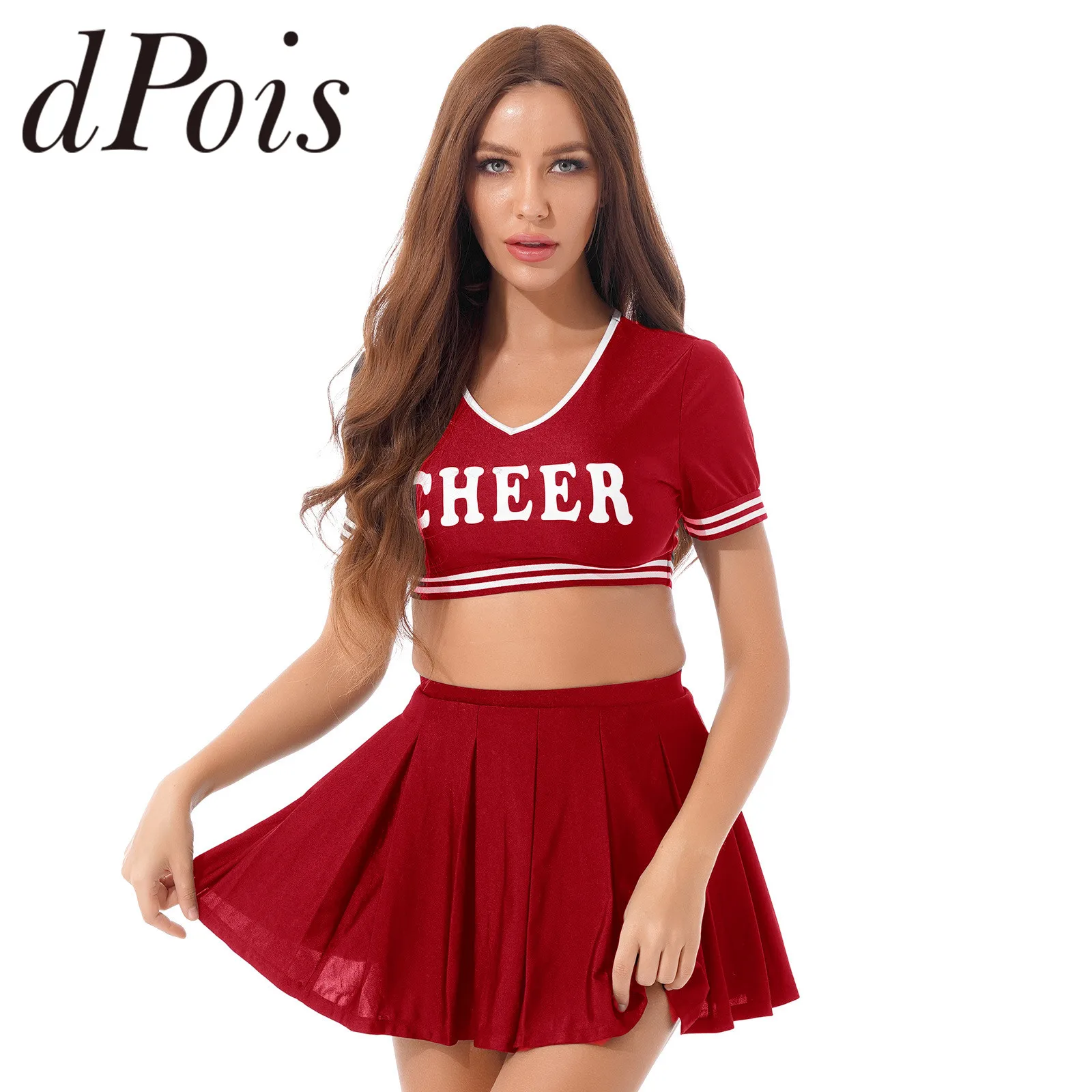 

Women Schoolgirls Cheerleading Uniform Cosplay Cheerleader Costume Sexy Lingerie Crop Top + Pleated Skirt Adult Role Play Outfit