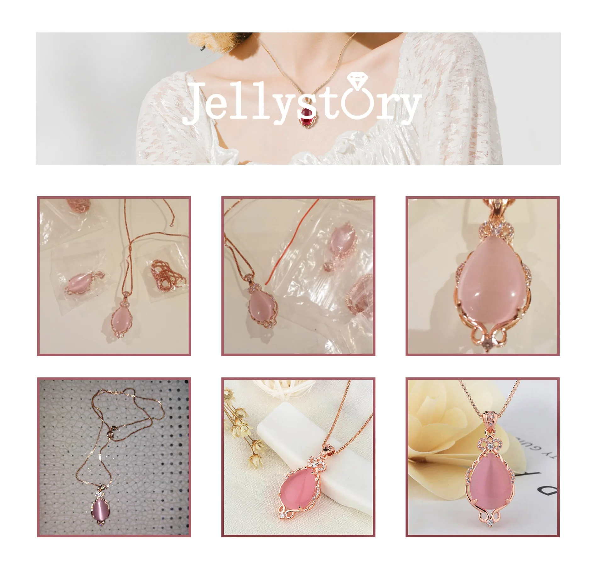 Jellystory Trendy Silver 925 Jewelry Necklace with Water drop shape Pink rose quartz zircon gemstones Pendant for Women Wedding