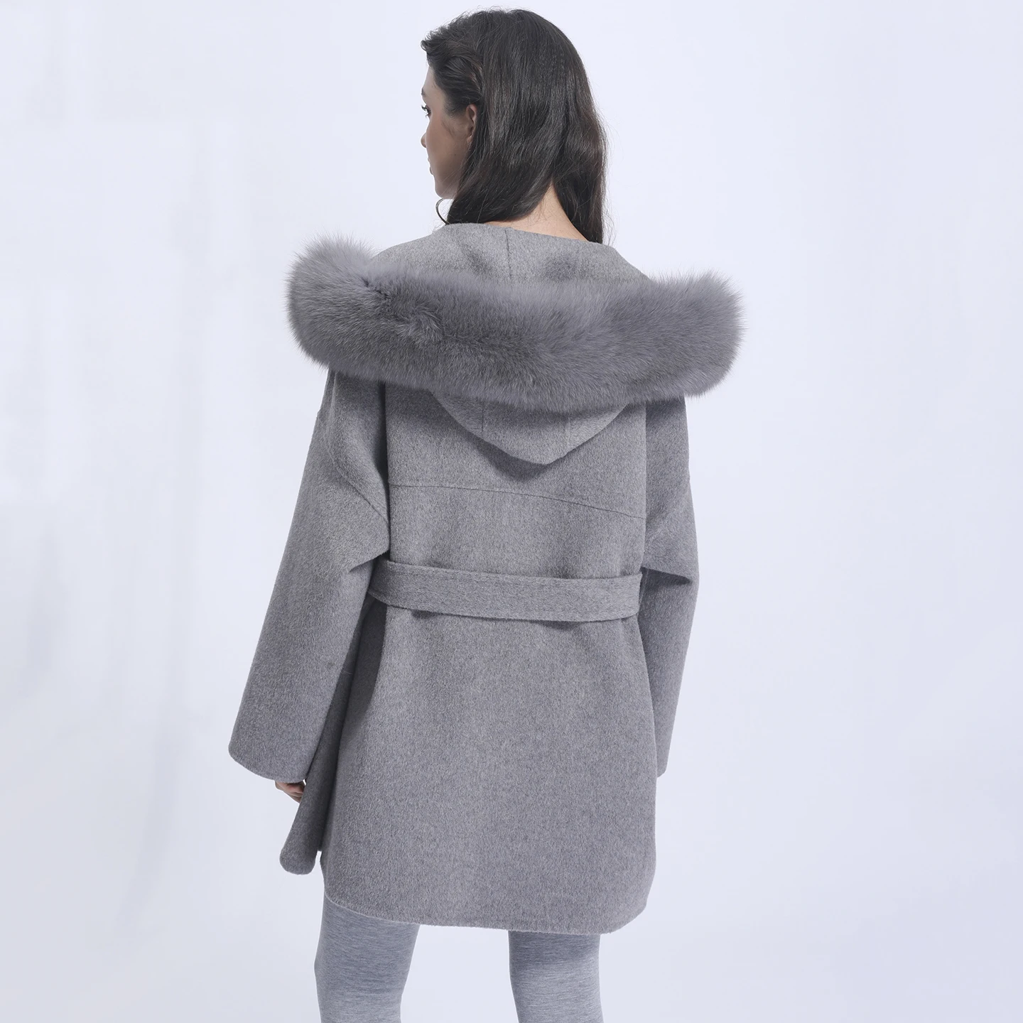 MISSJANEFUR Cashmere Coat Women Fashion Caual Fur Trim Hood Wool Jacket With Big Fox Fur Pockets Loose Belted Coat Women