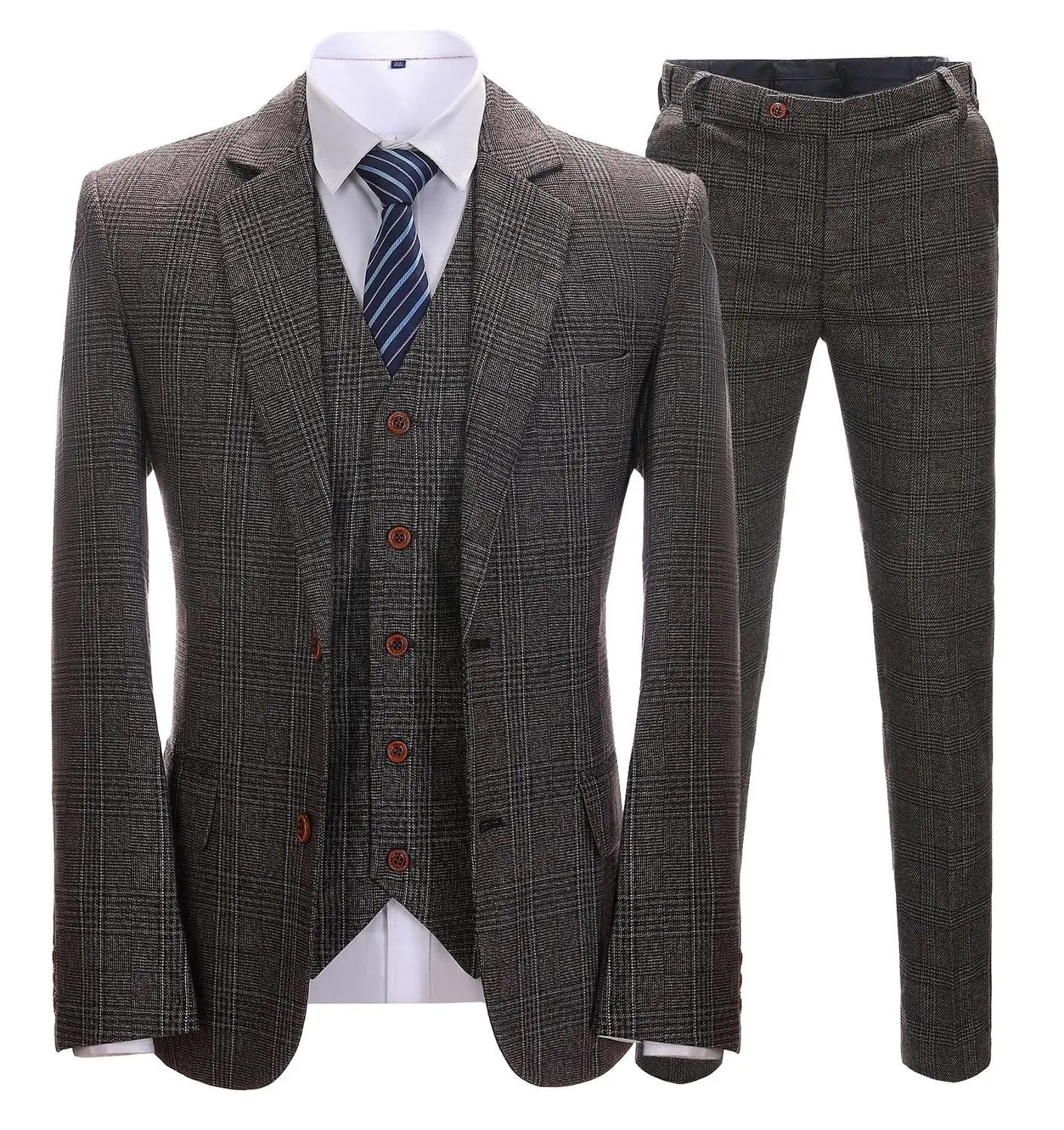 

Men's High Quality Suits Wool/Tweed Plaid Tuxedo Three- Pieces Formal Regular Size Wedding Business Suit Jacket & Suit Pants