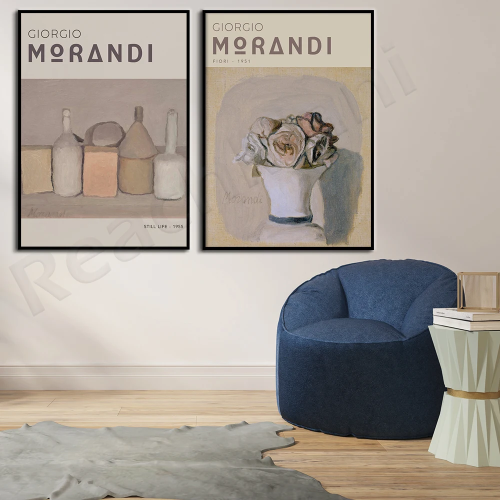 

Giorgio Morandi exhibition poster, still life beige coral neutral wall art, minimalist abstract Scandinavian decoration, soft na