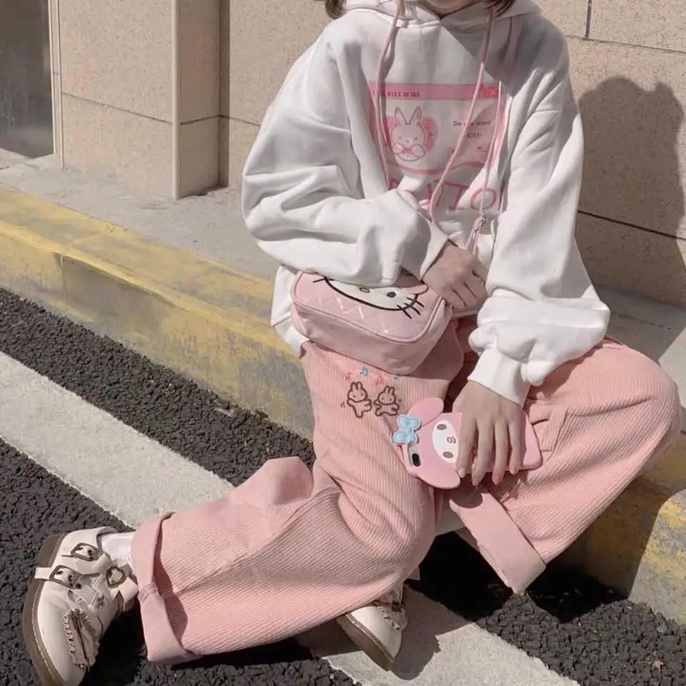 

Pink Rabbit Print Corduroy Pants Women High Waist Straight Sweatpants Korean Cute Sweat Trousers Oversized Baggy Pants Teens