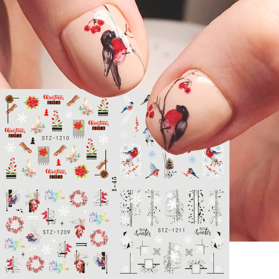 4pcs New Year Nail Art Stickers Snowflake Bird Water Geometry Sliders for Winter Design Manicure Holiday Decoration Set GLI44-49