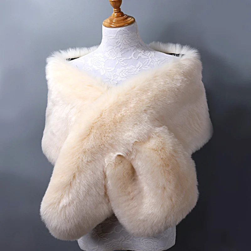 Fecialy Dames kunstbont sjaal, wikkeldoek bolero warme cape mantel avondcape voor de winterjas, wit, One size