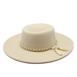 Summer Simple Dome Solid Color Wool Felt Jazz Fedora Hats with Pearl Chain Men Women Wide Brim Panama Trilby Cap Autumn winter