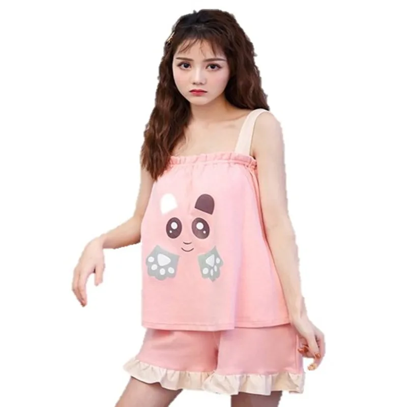 Summer Cotton Women Vest Pajamas Cartoon Pajama Sets Casual Soft Pijamas Sexy Sleepwear Female Pyjamas With Chest Pad