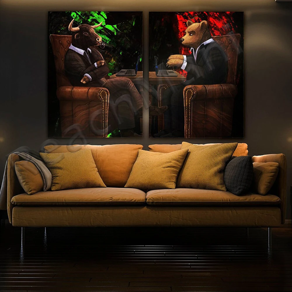 Bear & Bull Trading on Computer Duo Stock Market Entrepreneur Stock Exchange Financial Broker 2 Piece Canvas Set Wall Art