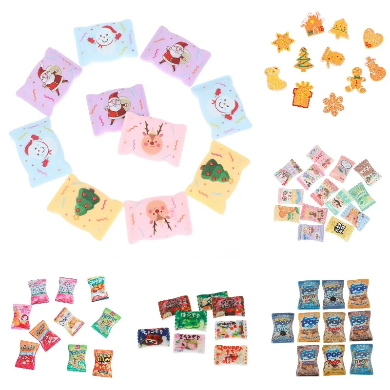 10pcs Dollhouse Miniature DIY Christmas Cartoon Candy Cookies Snowman Kitchen Food Potato Chips Candy Snacks Pretend Play Toys