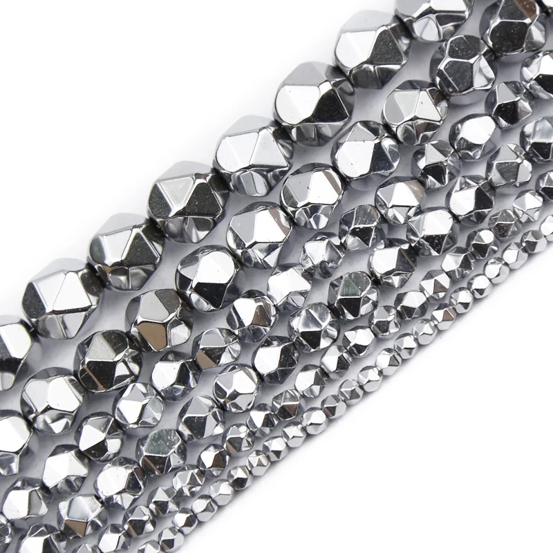 3/4/6/8/10MM Silver Color Faceted Round Hematite Natural Stone Handmade Spacers Loose Beads For Jewelry Making Diy Bracelets