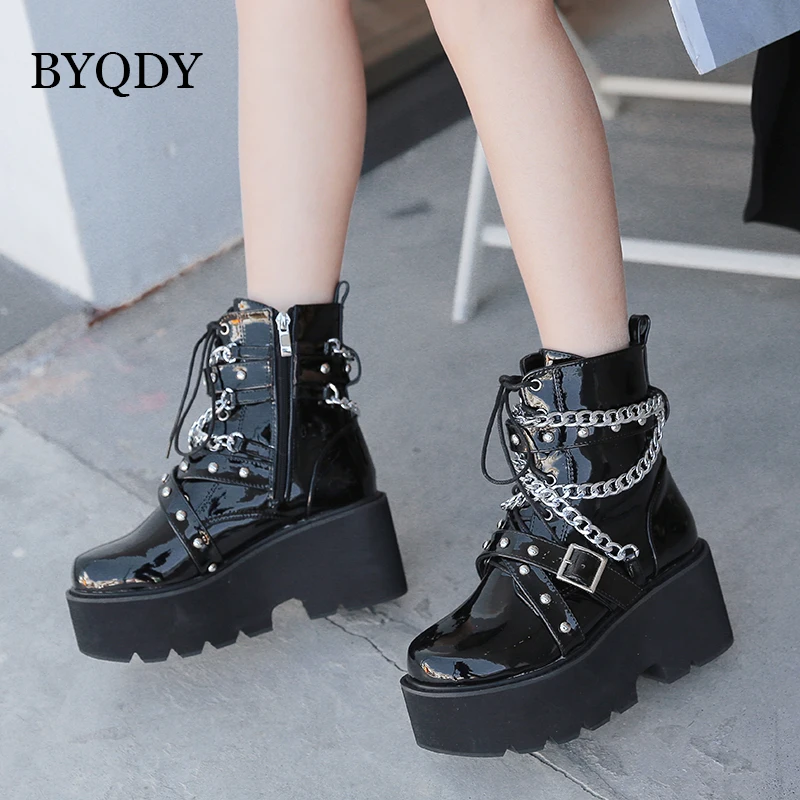 BYQDY Sexy Chains Women Leather Autumn Boots Block Heel Gothic Black Punk Style Platform Shoes Chunky Heels Thick Sole Booties