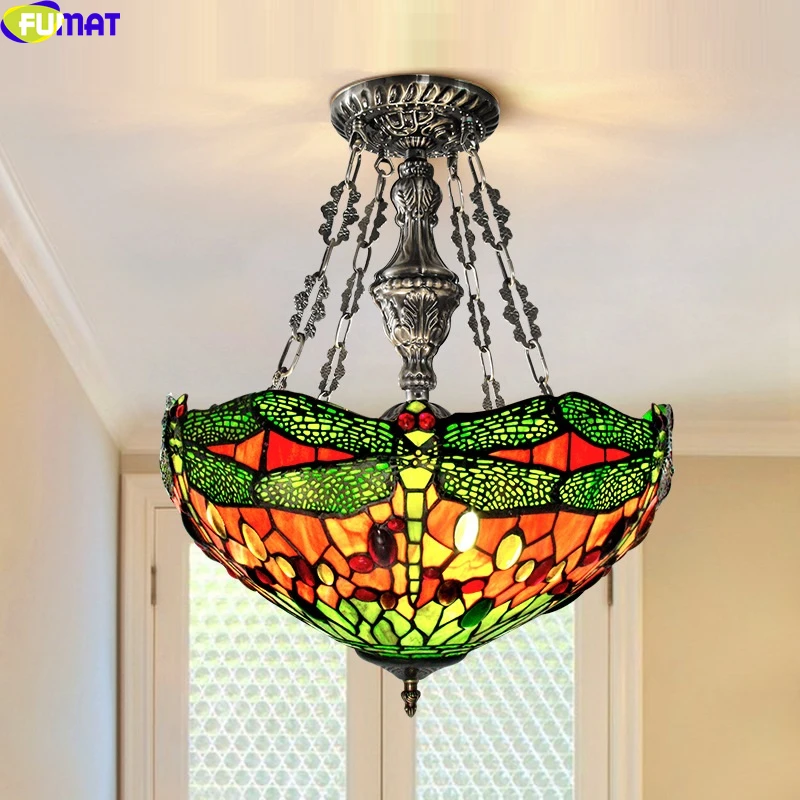 

FUMAT Tiffany Style Pendant Lights Green Stained Glass Anti Chandeliers Dragonfly Gemstone Shade Lamps Home Art Decorative 16"