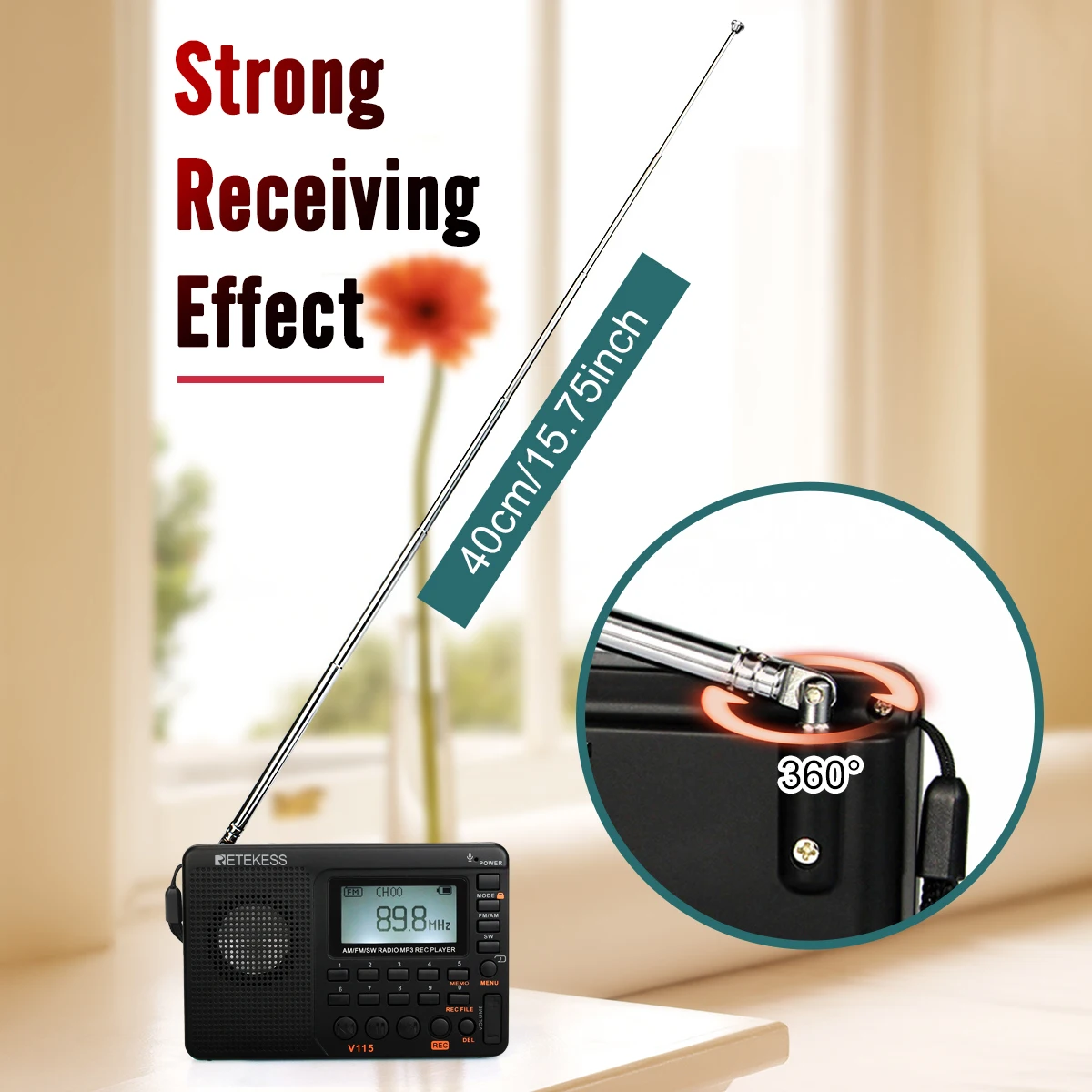 Retekess V115 FM/AM/SW Digital Radio Portable Receiver Backlight LCD Display Support TF Card REC Recorder Sleep Time