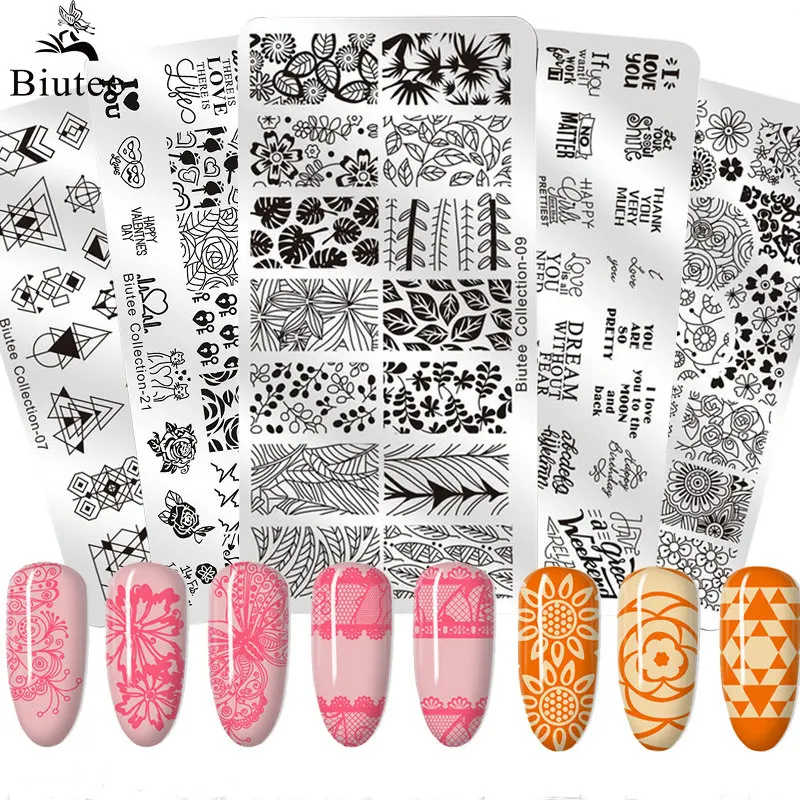 Biutee 12*6cm diario Nail Art modelli stampaggio piatto fiore foglia stampa lettera animale motivo floreale piatti di Design Stencil strumenti