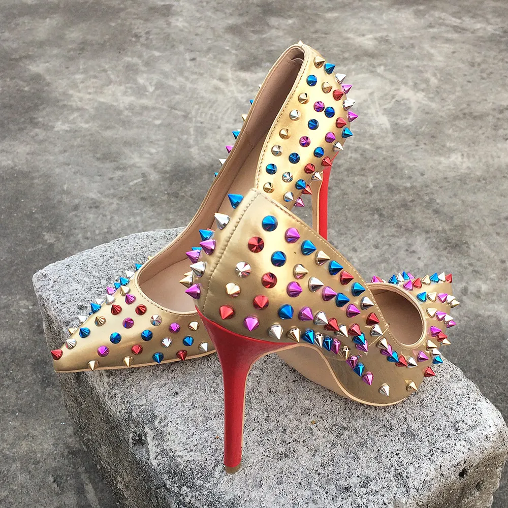 

Women Full Rivets High Heels Sexy Ladies Pointed Toe Color Spikes Stilettos Pumps Woman Party Shoes