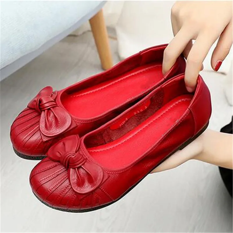 2024 New Spring Sweet Bow Genuine Leather Shoes Women Flats Large Size Soft Sole Comfortable Fashion Shoes Ladies Casual Shoes