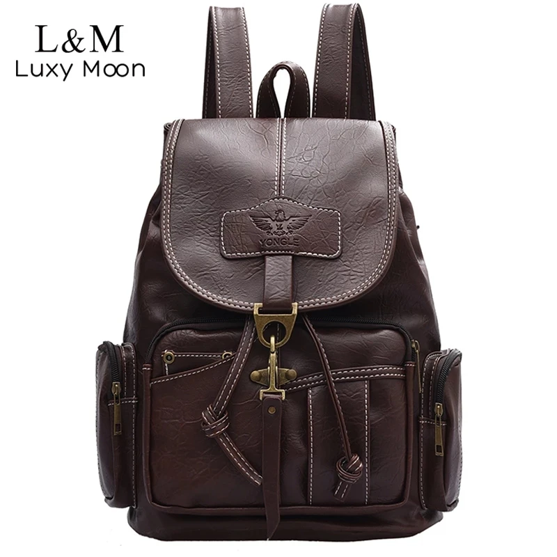 Vintage Women Backpack For Teenage Girls School Bags Fashion Backpacks Retro Leather Black Drawstring Large BagPack XA150H