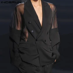 Mannen Blazer Mesh Patchwork See Through Streetwear Double Breasted Revers Lange Mouwen Bovenkleding Fashion Heren Casual Suits Incerun